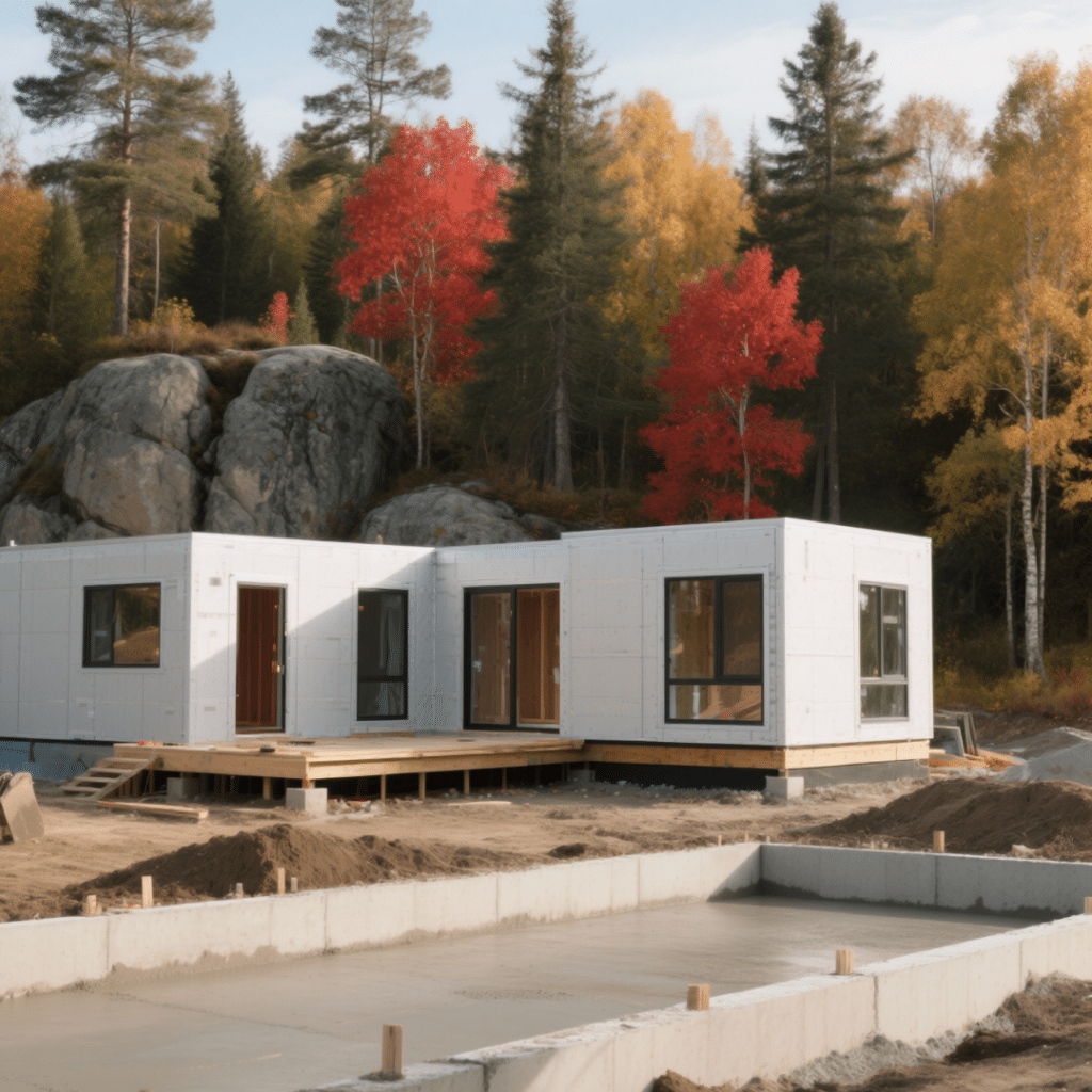Modular home construction site in Sudbury, Ontario with foundation work, grading, and Northern Ontario natural scenery in the background.
