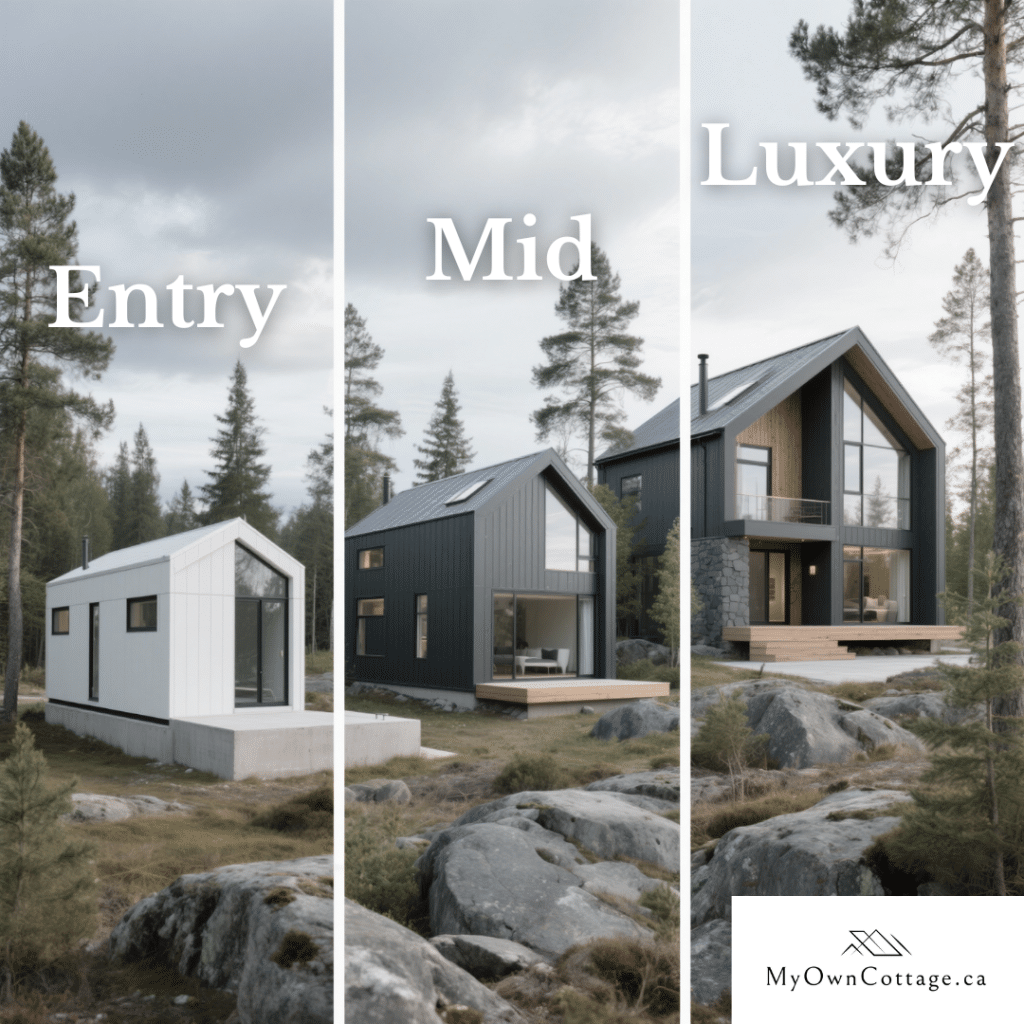 Side-by-side comparison of entry-level, mid-range, and luxury prefab homes in Sudbury, Ontario, shown in a natural Northern Ontario setting.