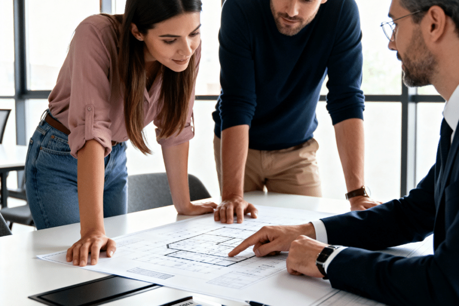 Couple reviewing prefab home financing plans in Barrie Ontario with mortgage advisor, blueprints, lender documents, and Simcoe County map overlay on the table.