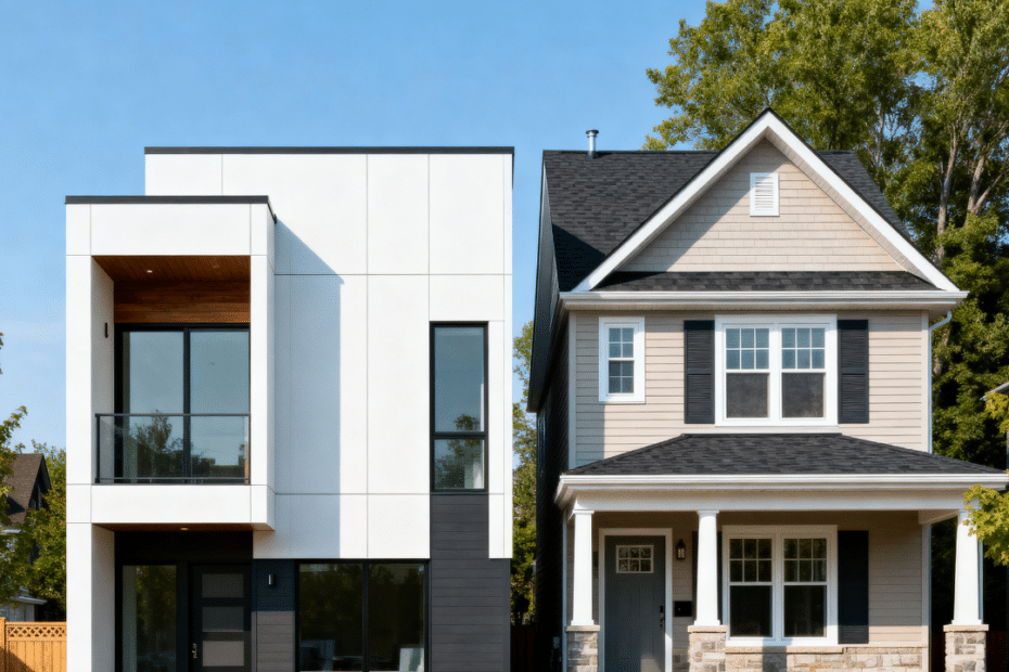 Prefab homes vs traditional homes in Barrie Ontario shown side by side for cost, design, and construction comparison