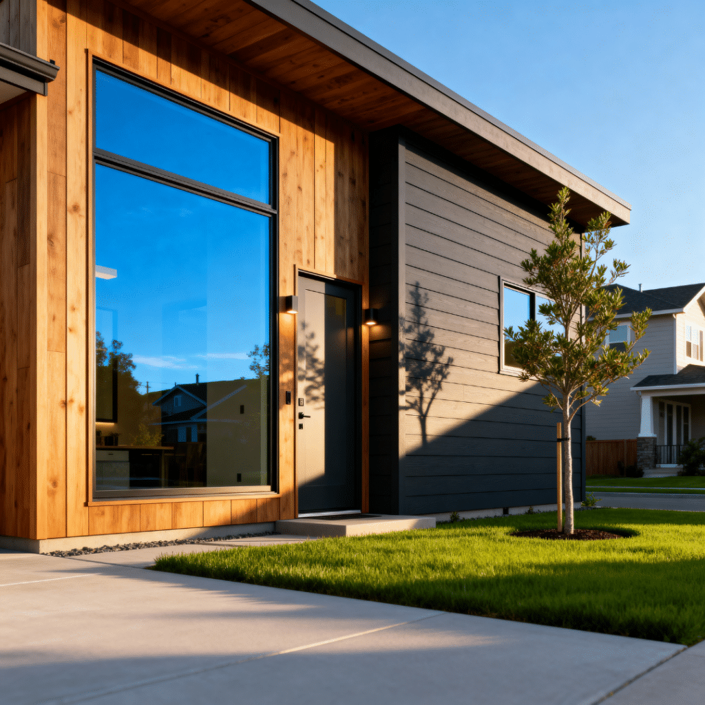 Design options for prefab homes in Barrie shown through a small modern prefab home designed for compact and infill lots