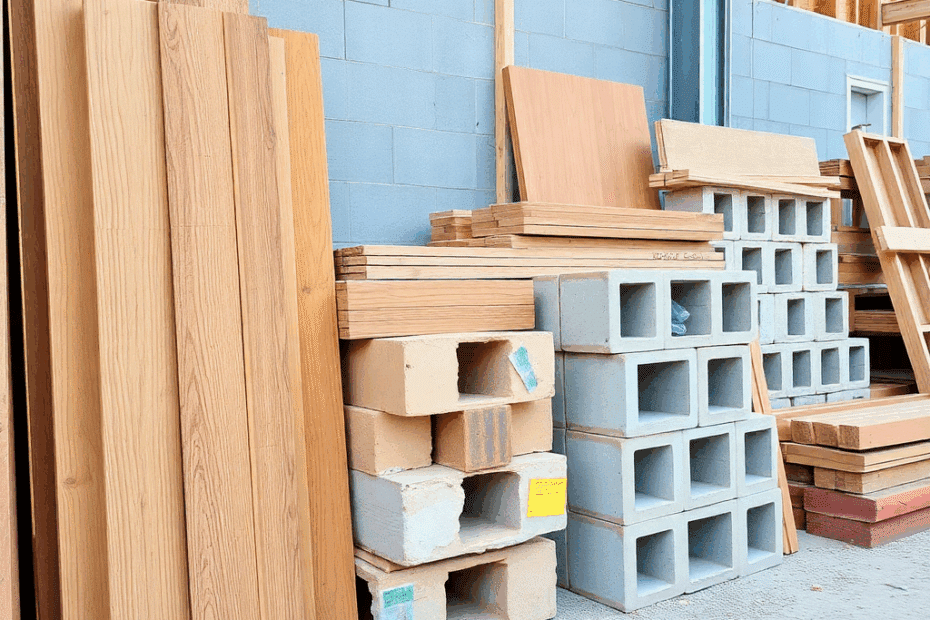 Choosing-Your-Home-Building-Materials-Assorted-building-materials-including-wood-planks-concrete-blocks-insulation-and-metal-beams-neatly-arranged-at-a-construction-site