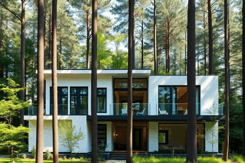Financing-a-New-Home-Build-Beautiful-modern-home-exterior-with-clean-lines-and-large-windows-set-in-a-vibrant-forested-area-surrounded-by-tall-trees-and-lush-greenery