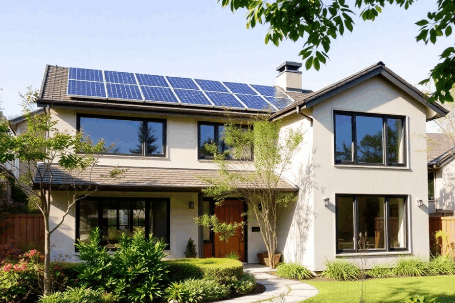 Green-Home-Building-Modern-green-home-with-solar-panels-energy-efficient-windows-and-a-lush-landscaped-yard-showcasing-sustainable-building-design