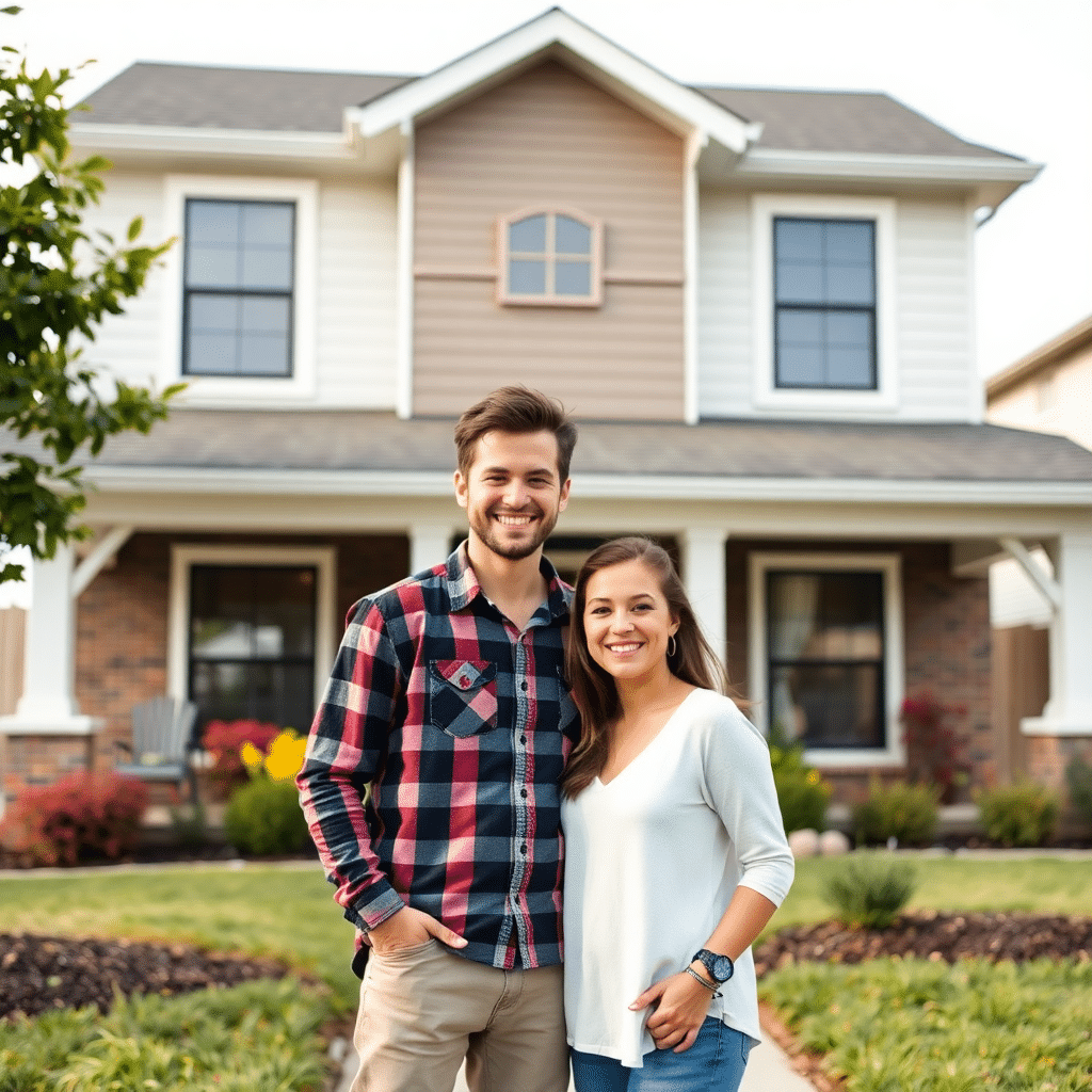 Prefab-Homes-in-Welland-for-First-Time-Buyers-Young-couple-standing-in-front-of-their-new-prefab-home-holding-house-keys-and-smiling