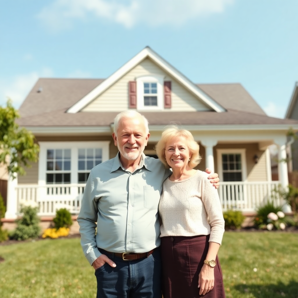 Prefab-Homes-in-Welland-for-Retirees-Old-couple-standing-in-front-of-their-new-prefab-home-and-smiling