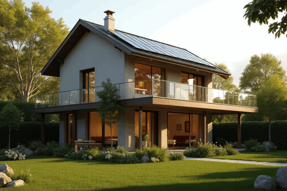 Sustainable-Prefab-Homes-in-Bowmanville-Modern-sustainable-home-featuring-rooftop-solar-panels-surrounded-by-lush-greenery-and-bathed-in-natural-sunlight