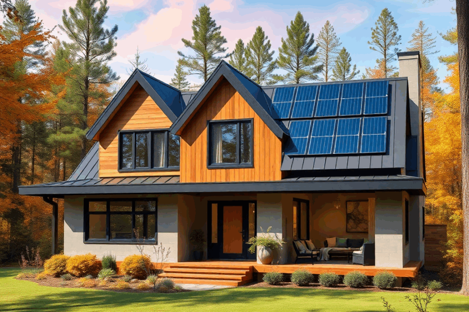 Sustainable-Prefab-Homes-in-Sudbury-beautiful-luxury-modern-affordable-prefab-Home-stylish-exterior-design-with-solar-panels-on-roof-in-Sudbury-Ontario-Canada