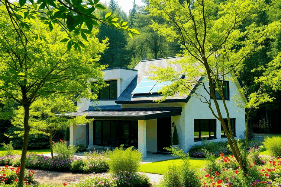 Sustainable-Prefab-Homes-in-Welland-Modern-sustainable-prefab-home-exterior-in-Welland-Ontario-featuring-eco-friendly-wood-siding-solar-panels-on-the-roof-and-native-landscaping-under-a-clear-sky