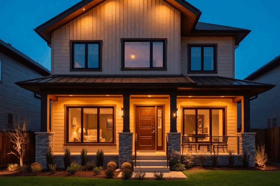 Types-of-Prefab-Homes-in-Brampton-Beautiful-Luxury-Modern-Affordable-Prefab-Home-Stylish-Exterior-Unique-Design-at-night-in-Brampton-Ontario-Canada