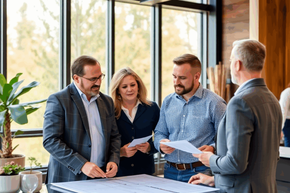 Who-We-Are-The-My-Own-Cottage-Story-&-Process-professional-prefab-home-builders-ontario-team-looking-over-prefab-homes-ontario-blueprints