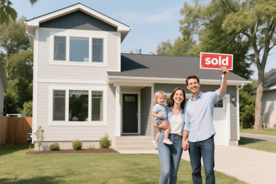 Young family with toddler standing in front of their first prefab home in Kingston, Ontario as the father holds house keys