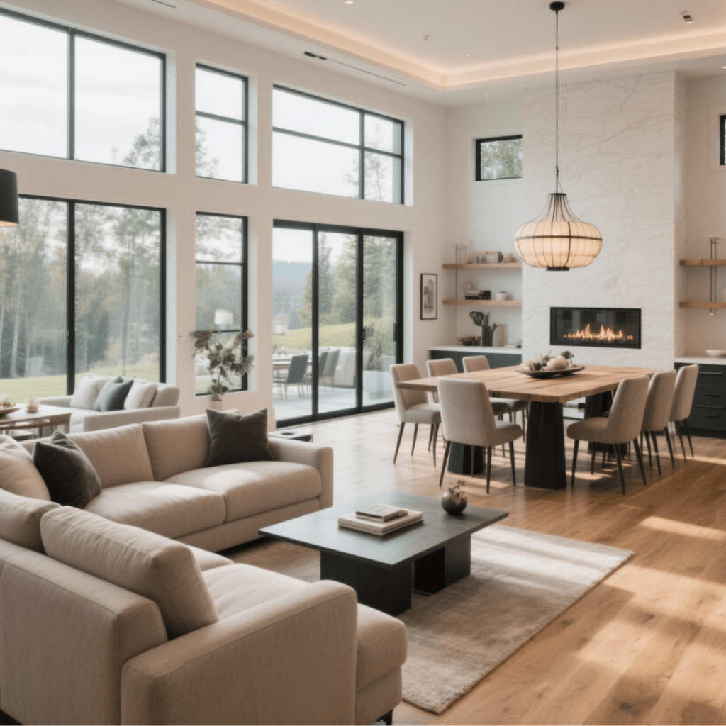 Modern open-concept sustainable luxury prefab home interior with natural light, floor-to-ceiling windows, elegant dining area, and spacious living room.