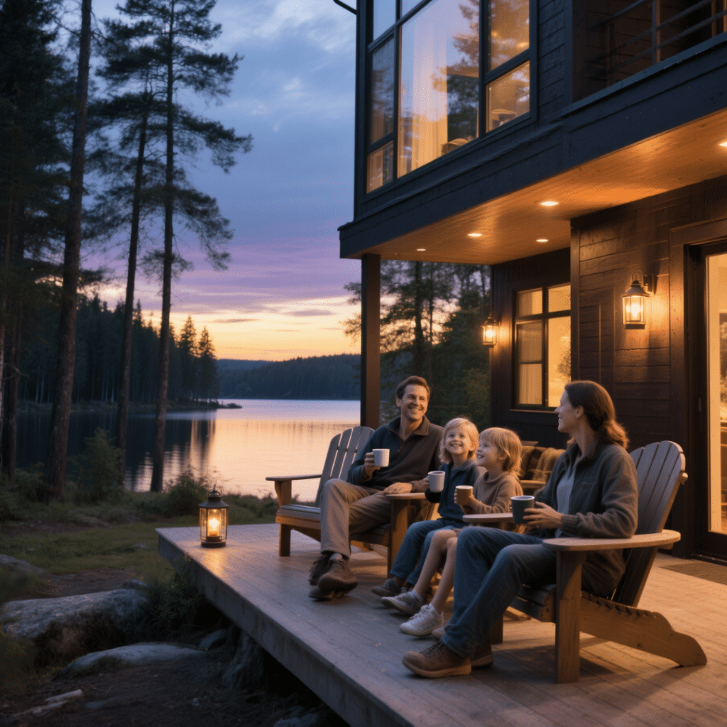 A modern sustainable prefab home in Northern Ontario at dusk, with a family on the porch enjoying tea in Muskoka chairs, surrounded by trees and warm lighting.