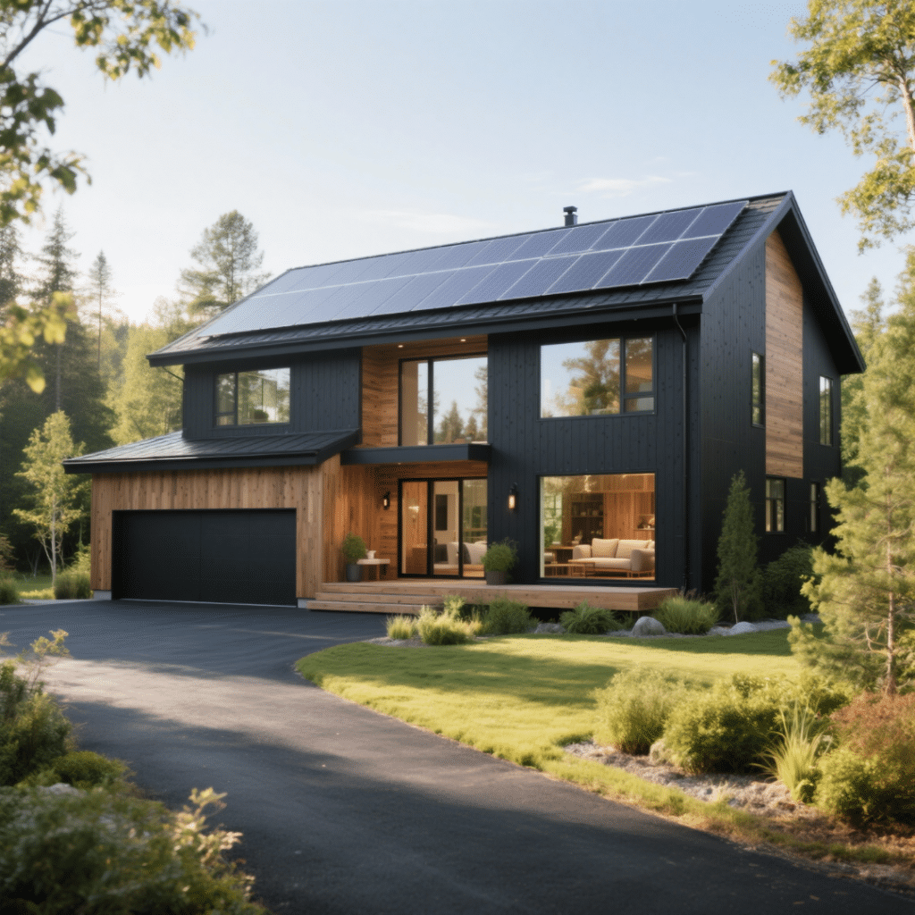 Modern sustainable prefab home in Northern Ontario with solar panels, triple-pane windows, landscaped yard, and eco-friendly customization options.