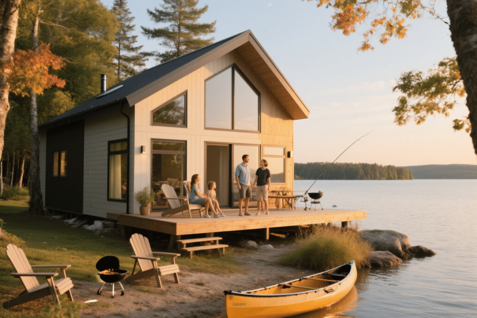 Modern prefab cottage on a Kingston waterfront lot with family enjoying Muskoka chairs at sunset