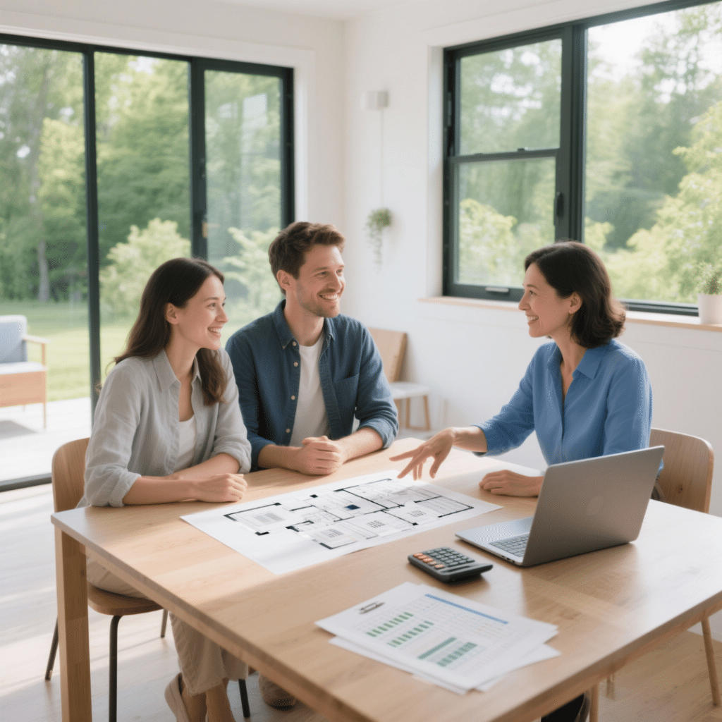 Young couple consulting with a prefab home advisor in Sudbury, reviewing modular home floorplans with a laptop and calculator, symbolizing affordable sustainable housing.