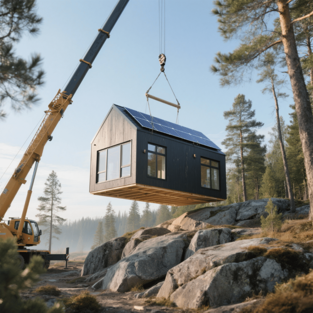 Modern sustainable prefab home installation in Sudbury, Northern Ontario with a crane lowering a module onto the foundation, featuring solar panels and triple-pane windows.