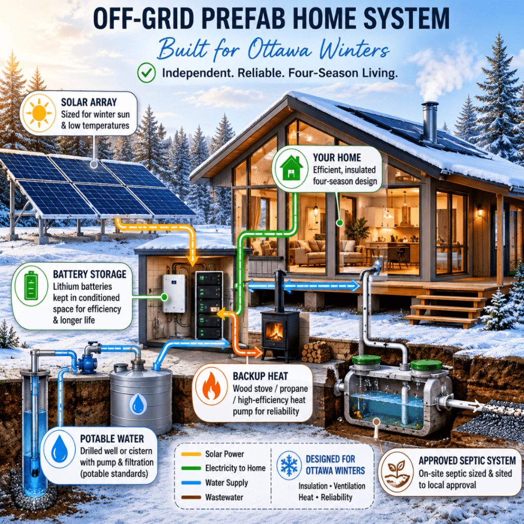 Prefab Homes in Ottawa for Off-Grid Living Enthusiasts diagram showing a complete off-grid home system with solar panels, battery storage, backup heat, potable water supply, and septic system sized for Ontario winter conditions.