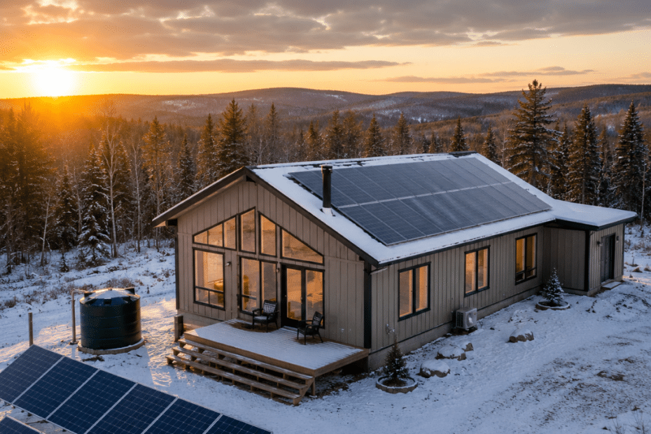 Prefab Homes in Ottawa for Off-Grid Living Enthusiasts featuring a completed four-season prefab home with rooftop and ground-mounted solar panels on a rural Eastern Ontario property designed for year-round off-grid living.