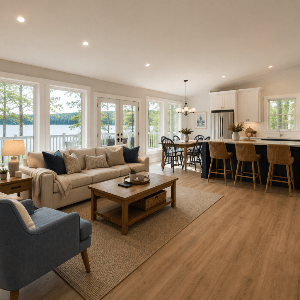 Prefab Homes in Ottawa for Retirees and Cottage Lovers featuring a bright open-concept single-level interior with a spacious living room, dining area, modern kitchen, and large windows overlooking a peaceful waterfront setting.