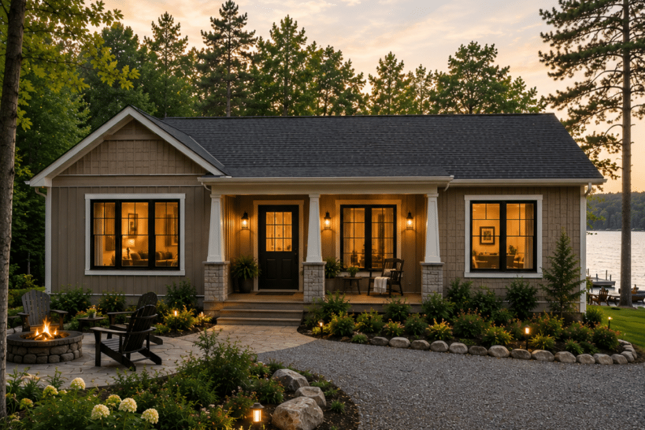 Prefab Homes in Ottawa for Retirees and Cottage Lovers featuring a completed single-level bungalow on a lakefront Eastern Ontario property, designed for low-maintenance living, aging in place, and four-season comfort.