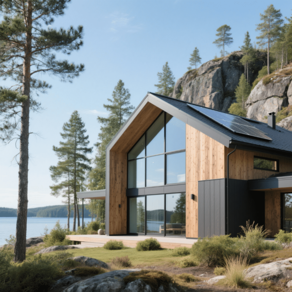 A sleek modern prefab home in Northern Ontario with solar panels, triple-pane windows, and eco-friendly siding, set among pine trees and rocky Canadian Shield terrain.