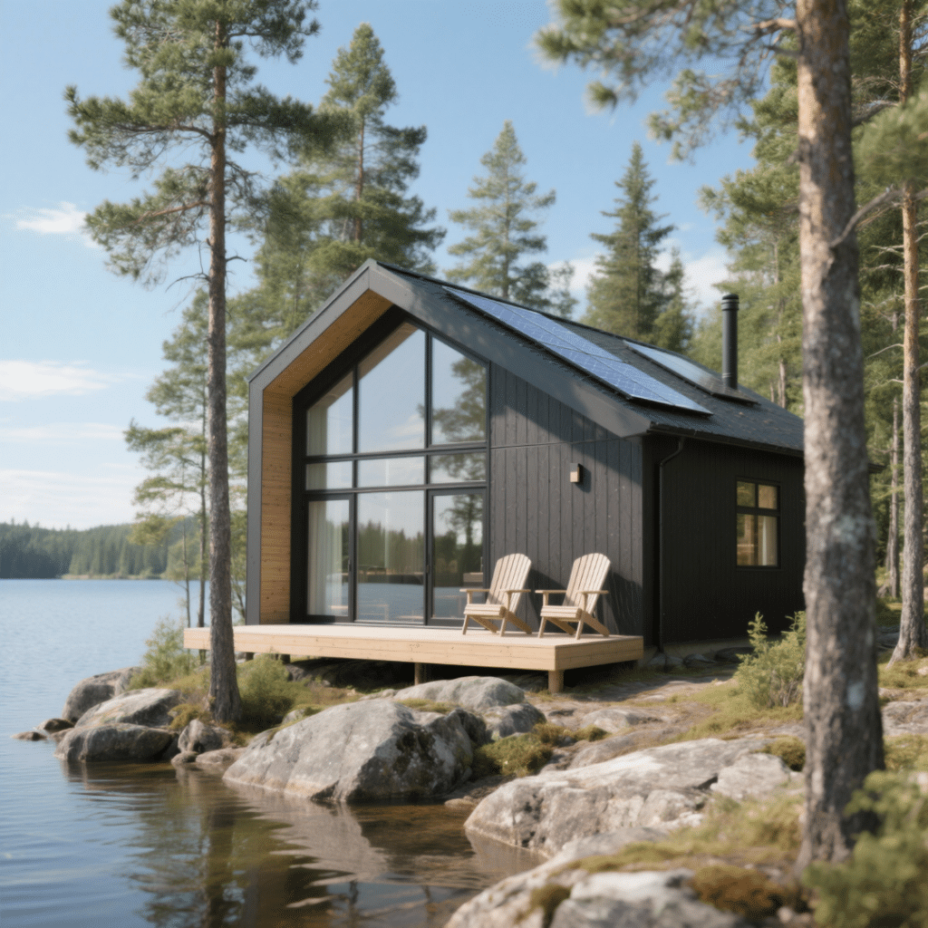 Small modern sustainable prefab cottage in Northern Ontario near a lake, with solar panels, energy-efficient windows, eco-friendly siding, and Muskoka chairs on the porch.