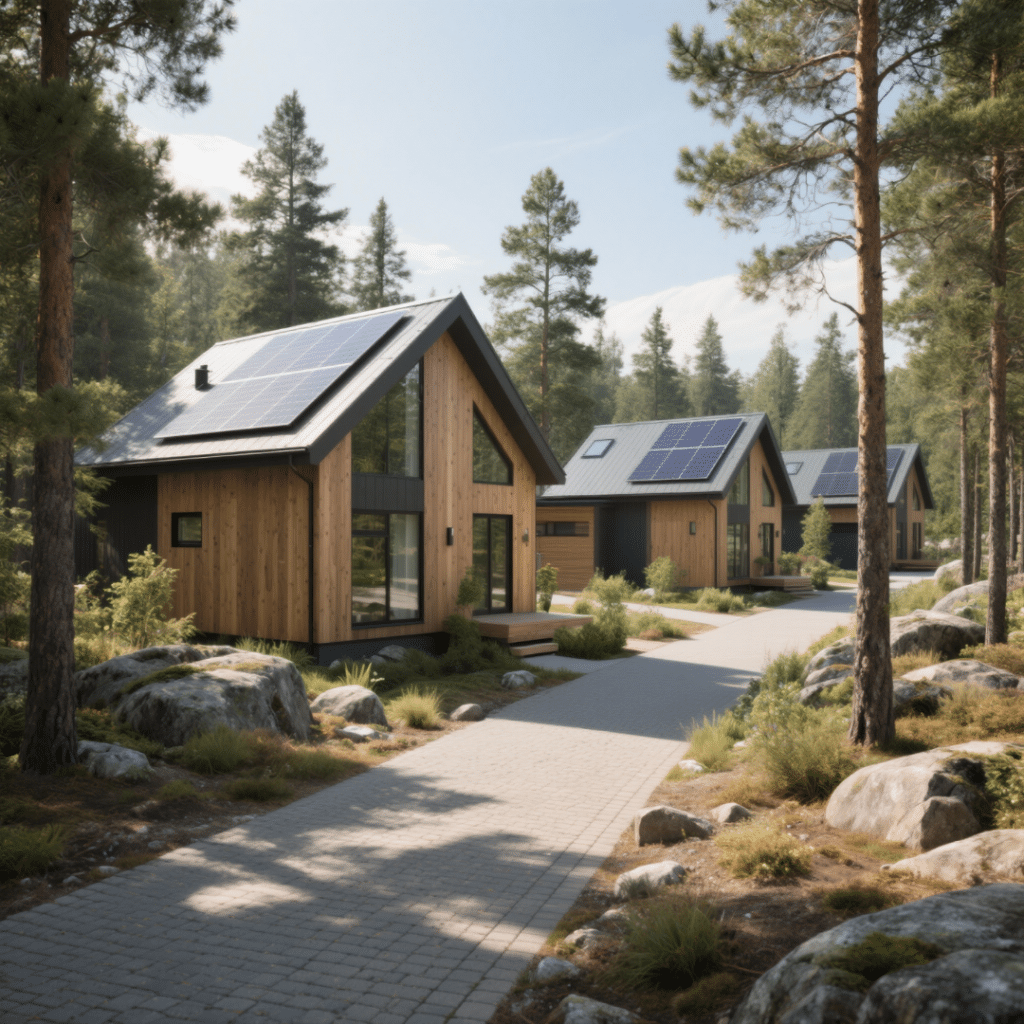 Modern sustainable prefab home community in Sudbury, Ontario with solar panels, rainwater collection, eco-friendly materials, and native landscaping in a Canadian Shield setting.