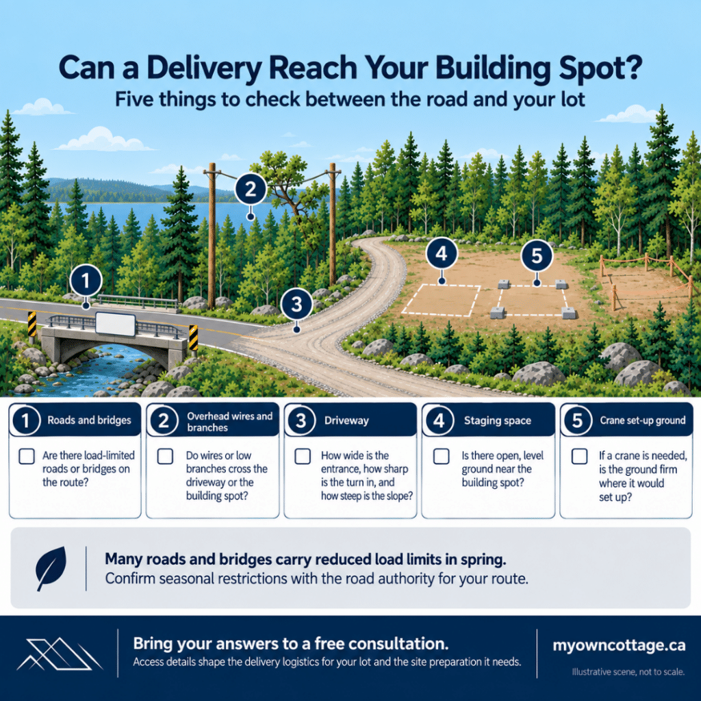 Custom Home Designs in Orillia delivery site access checklist showing roads and bridges, overhead wires, driveway access, staging space, crane set-up ground and the building spot.