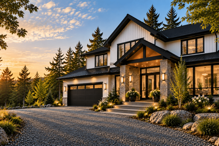 Custom Home Designs in Orillia – two-storey home design with white siding, black roof and framing, stone entry and attached garage.