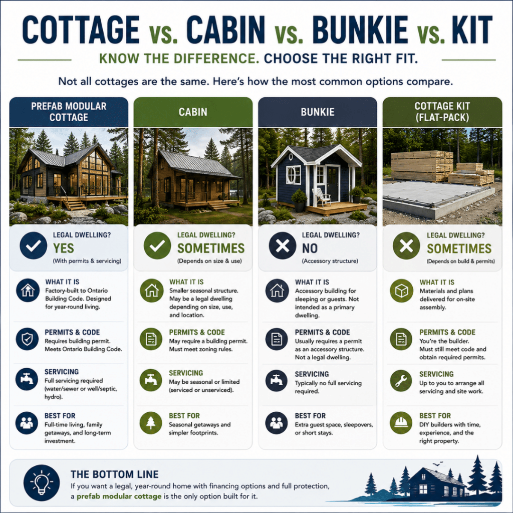 Prefab cottages Cornwall comparison infographic showing the differences between a prefab modular cottage, cabin, bunkie, and cottage kit by legal dwelling status, permits, servicing, and intended use