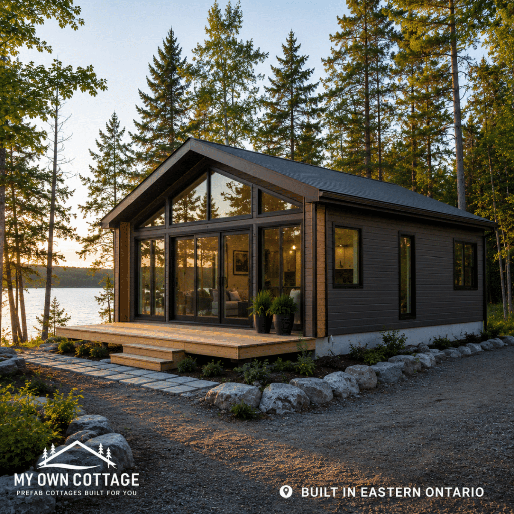 Prefab cottages Cornwall featuring a completed four-season modular cottage on a permanent foundation overlooking a wooded waterfront lot in Eastern Ontario