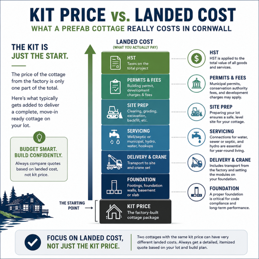 Prefab cottages Cornwall infographic showing how foundation, delivery, servicing, site preparation, permits, and HST are added to the kit price to determine the total landed cost