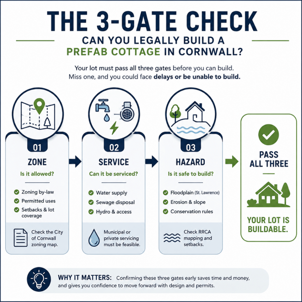 Prefab cottages Cornwall infographic showing the three-gate buildability check: zoning, servicing, and St. Lawrence River floodplain and hazard constraints before building