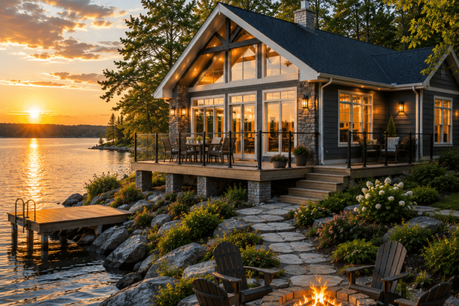 Prefab cottages Cornwall featuring a modern four-season cottage on a permanent foundation overlooking a waterfront property in Eastern Ontario with landscaped grounds and a private dock