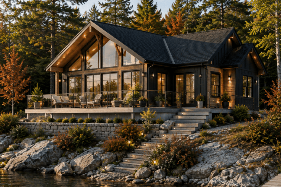 Prefab cottages North Bay featuring a modern four-season prefab cottage on a rocky Northern Ontario shoreline with a permanent foundation, large covered deck and lake views