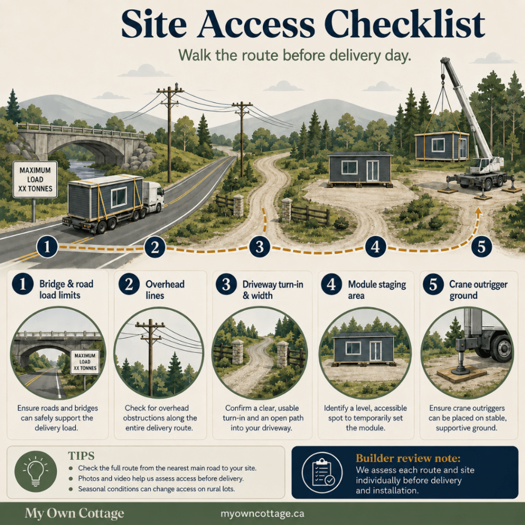 Prefab cottages North Bay site access checklist showing bridge load limits, overhead lines, driveway turn-in, module staging area and crane positioning.