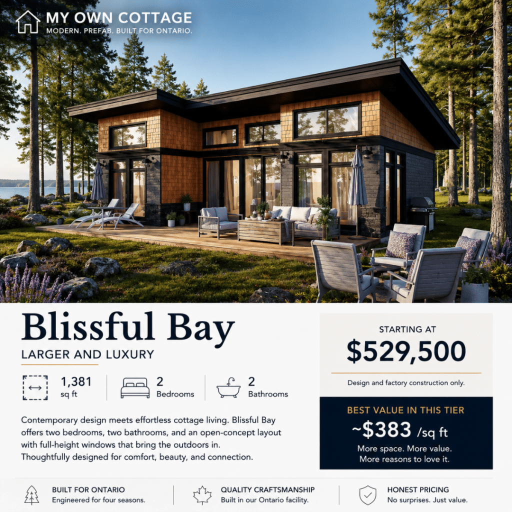 Prefab cottages Sault Ste. Marie – Blissful Bay 1,381 sq ft luxury prefab cottage with contemporary cedar and charcoal exterior, full-height windows, spacious deck, and modern Ontario design.