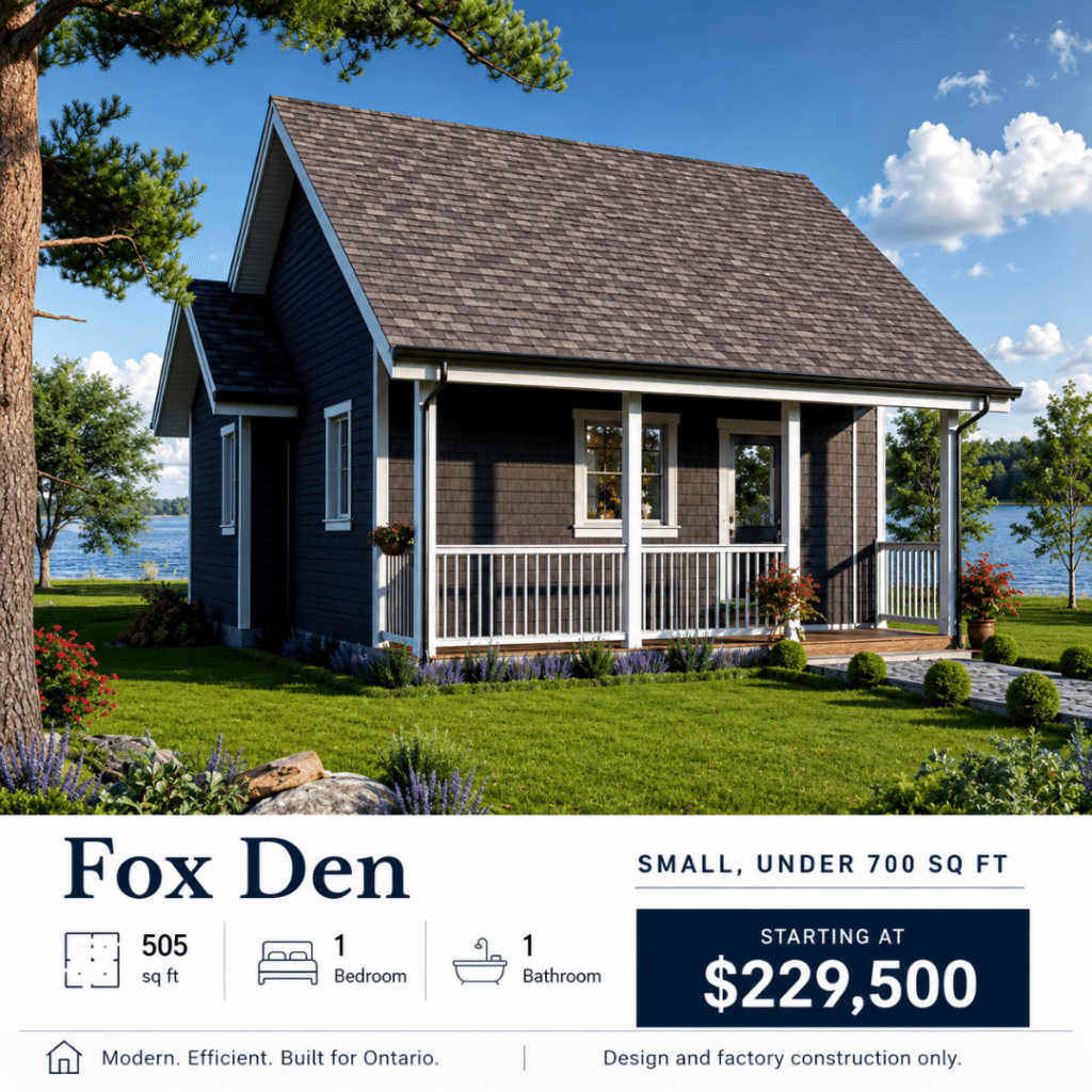 Prefab cottages Sault Ste. Marie – Fox Den 505 sq ft one-bedroom prefab cottage with covered front porch, black exterior siding, white trim, and modern Ontario cottage design.