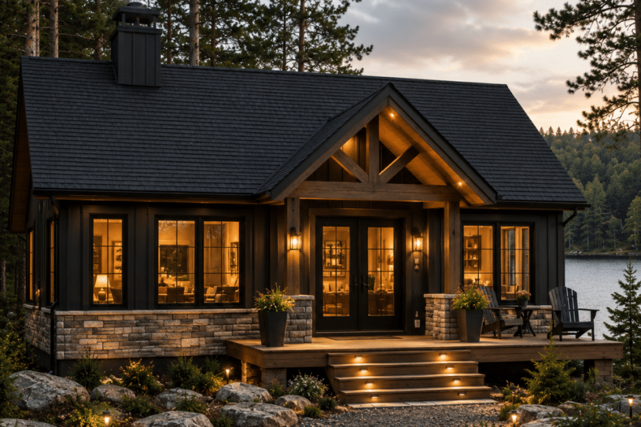 Prefab cottages Sault Ste. Marie – modern luxury prefab cottage with a black exterior, stone foundation, timber entrance, warm interior lighting, and a lakeside Northern Ontario setting.