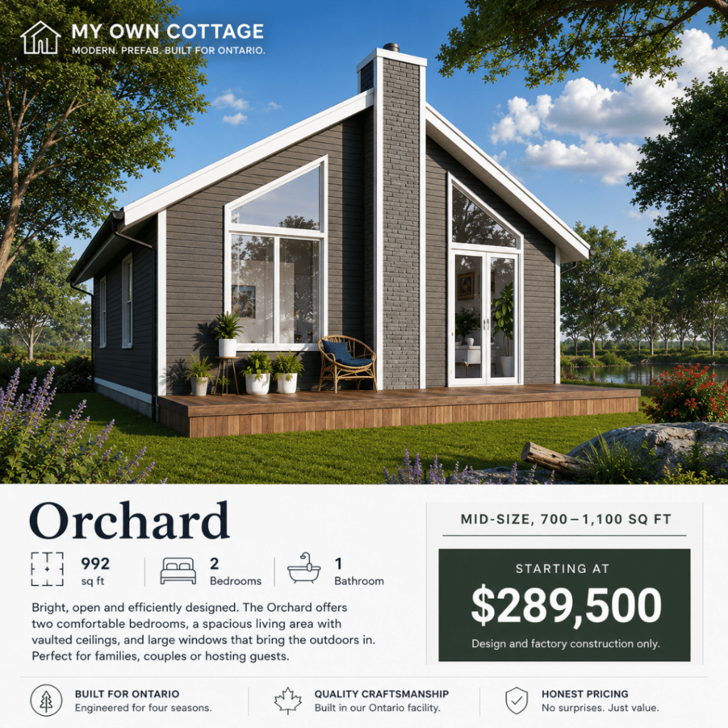 Prefab cottages Sault Ste. Marie – Orchard 992 sq ft two-bedroom prefab cottage with modern black exterior, vaulted front glazing, covered deck, and contemporary Ontario design.