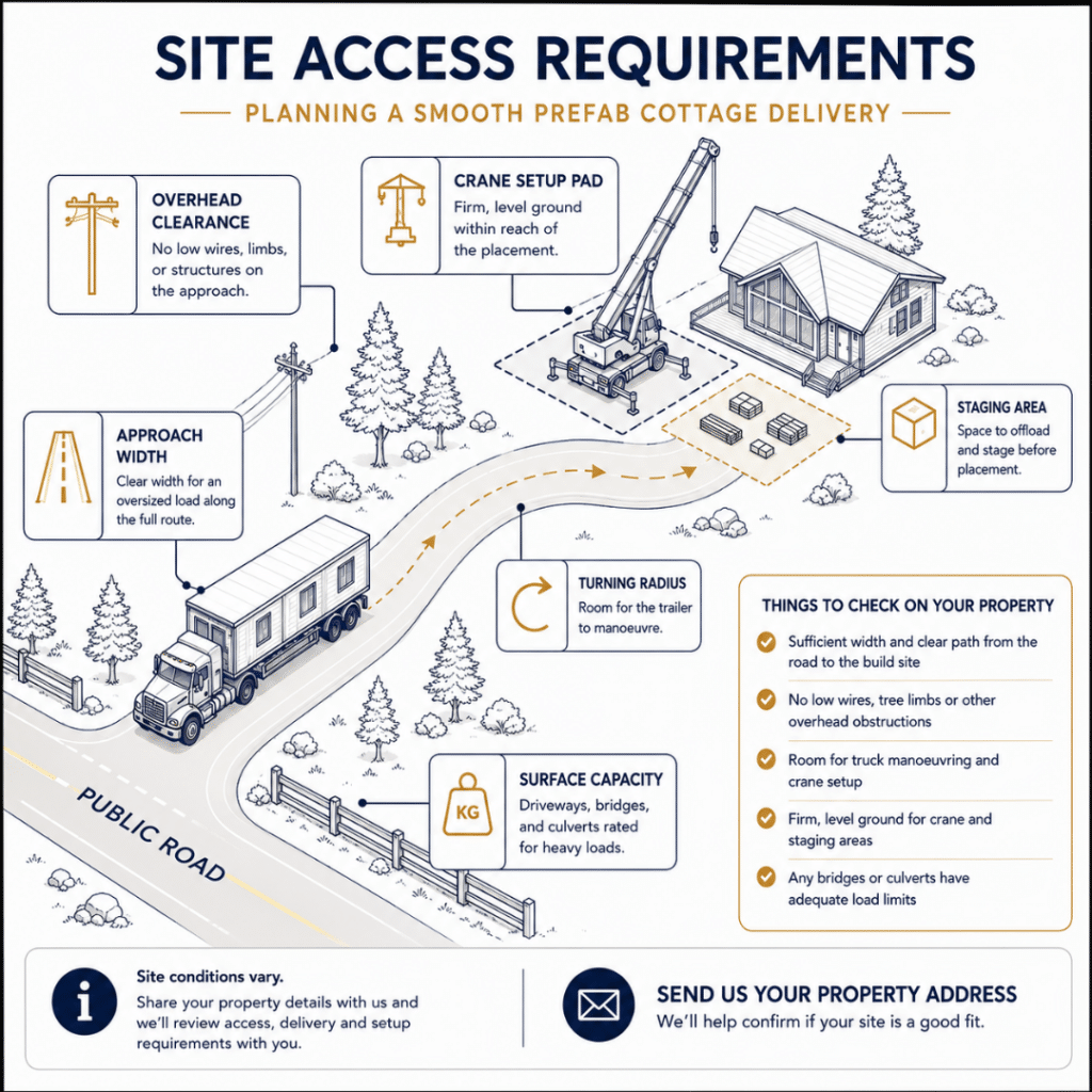 Prefab cottages Sault Ste. Marie site access diagram showing delivery route planning, approach width, turning radius, overhead clearance, crane setup area, staging area, and surface capacity for prefab cottage installation.