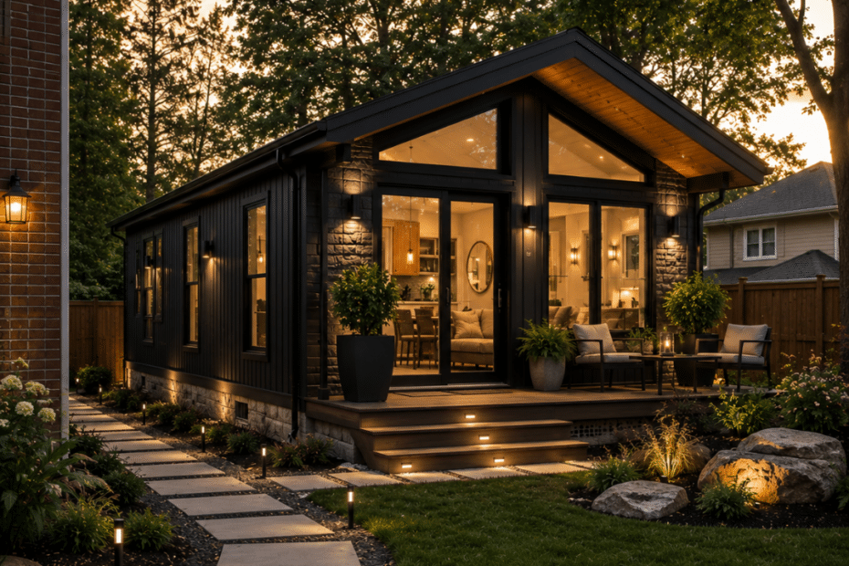 Prefab cottages Woodstock backyard additional residential unit with a modern luxury exterior behind an existing brick home on a serviced residential lot in Woodstock, Ontario.