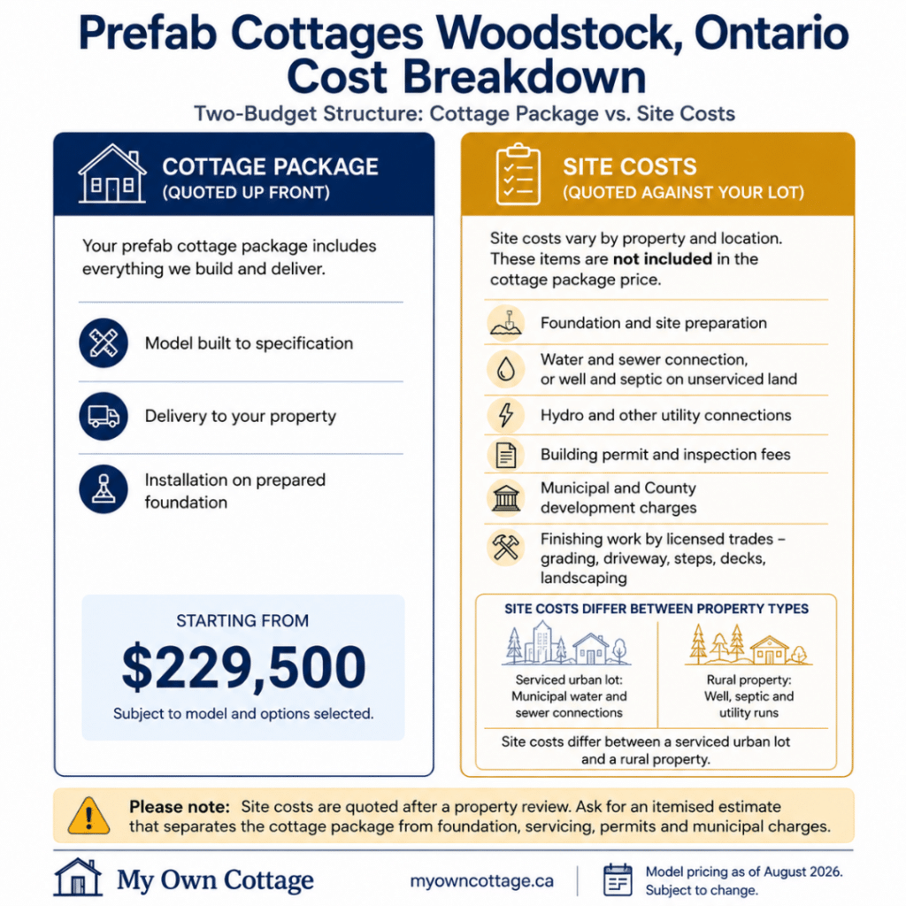 Prefab cottages Woodstock cost breakdown comparing the cottage package from $229,500 with separate site costs including foundation, servicing, permits, development charges and licensed trades.