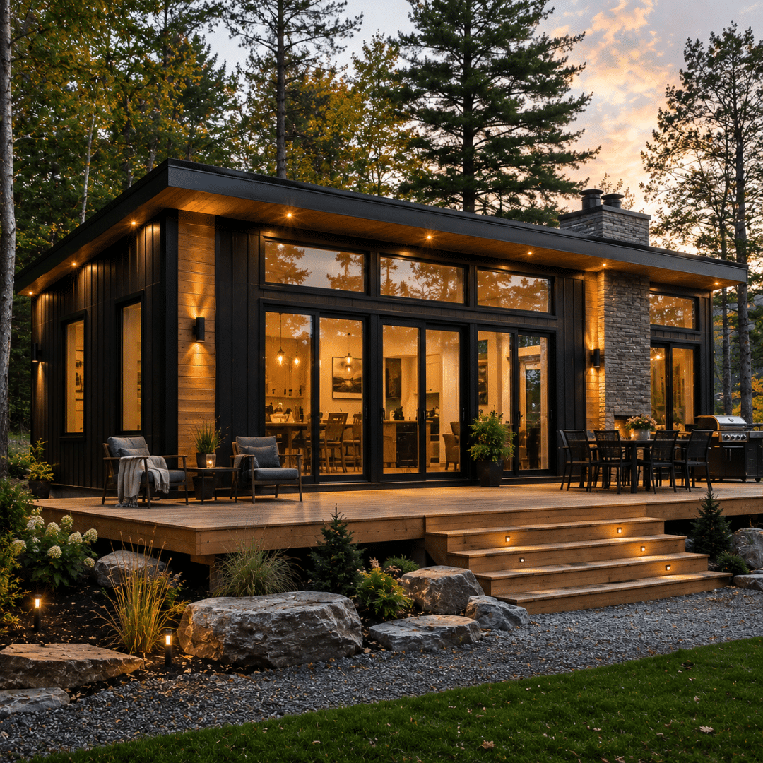 Prefab cottages Woodstock modern completed prefab cottage with a contemporary exterior on a permanent foundation in Oxford County, Ontario.
