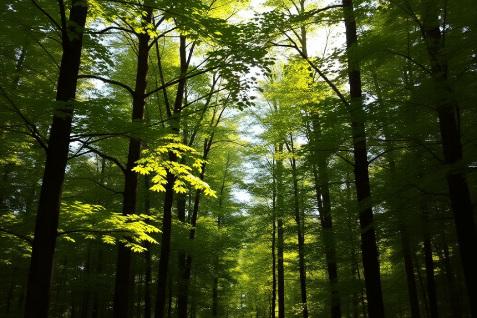 View of a forested residential lot in Ontario surrounded by dense trees; designed to highlight natural setting and raise questions about resilience to wildfires and flooding.