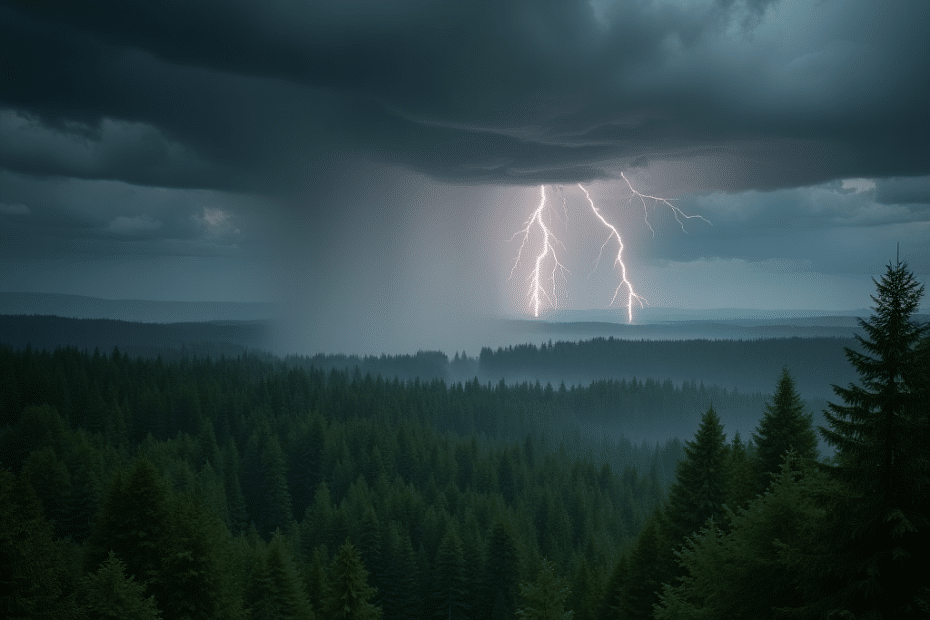 Dramatic thunderstorm forming over a lush, forested region in Ontario — symbolizing potential weather threats like roof leaks and storm damage relevant to prefab home warranty coverage.