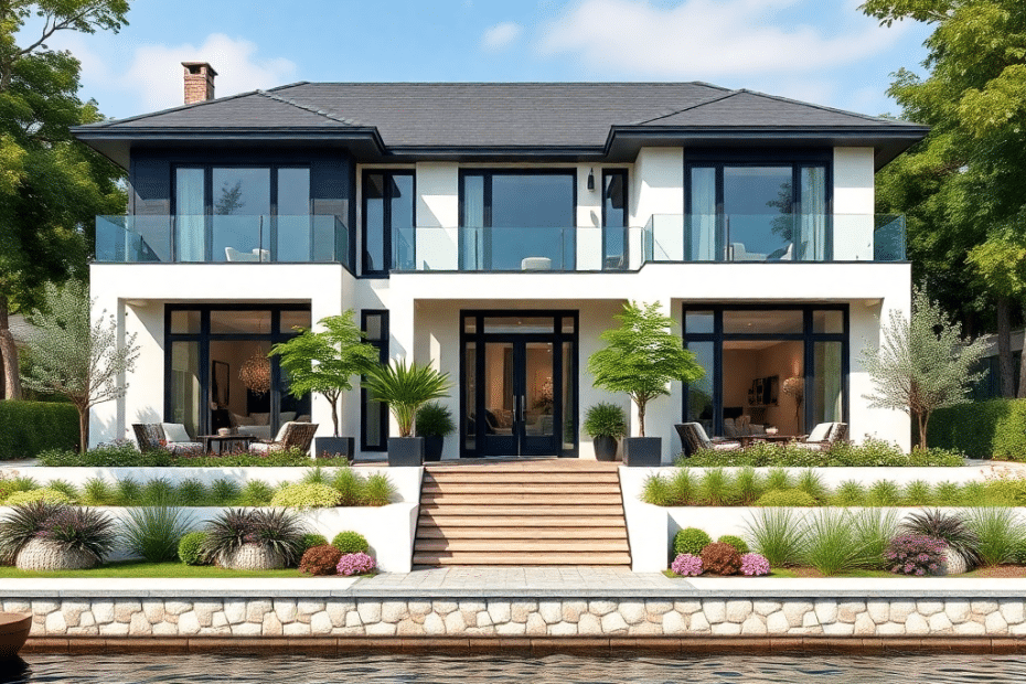 Best-Prefab-Cottage-Floor-Plans-for-Waterfront-Lots-in-Ontario-A-modern-prefab-white-clad-cottage-with-expansive-floor-to-ceiling-windows-and-a-sloped-roof-perched-on-a-beautiful-Ontario-waterfront
