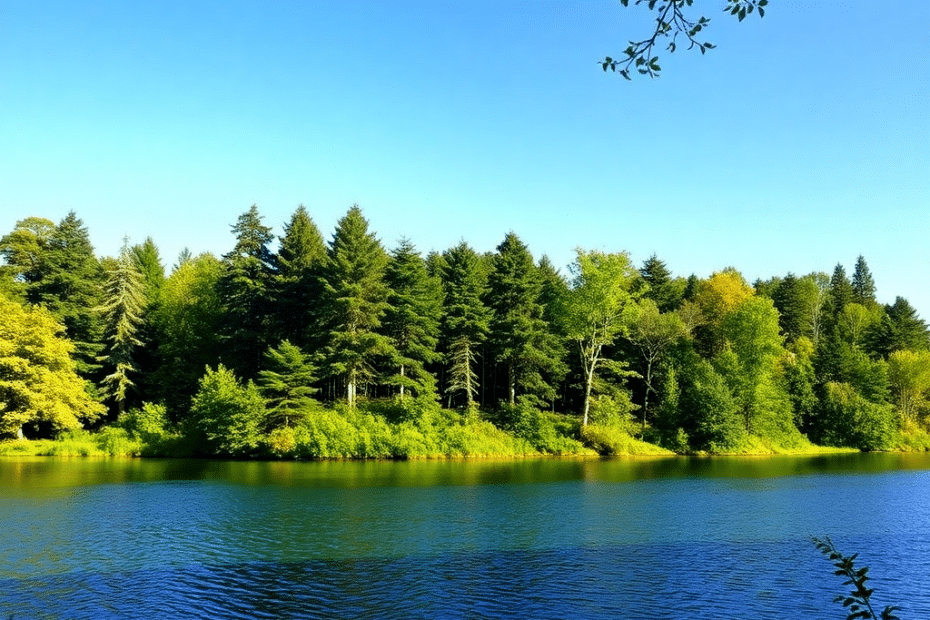 A prefab cottage on a serene, forested island lot in Ontario, surrounded by tall trees and accessible only by water, with a dock nearby.